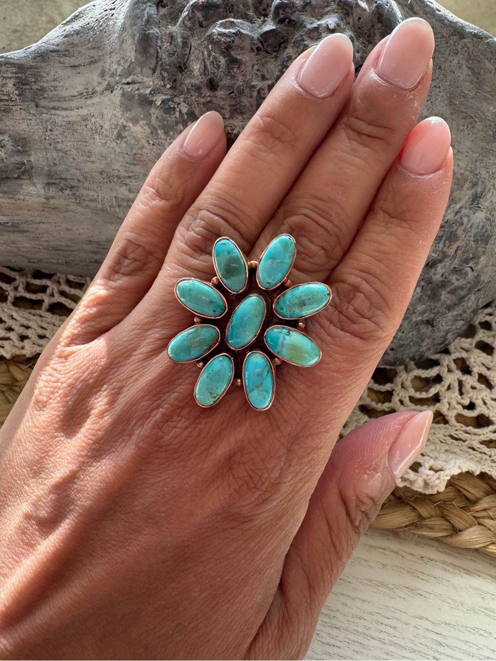BEAUTIFUL GENUINE TURQUOISE COPPER RING WITH STAMPED BAND